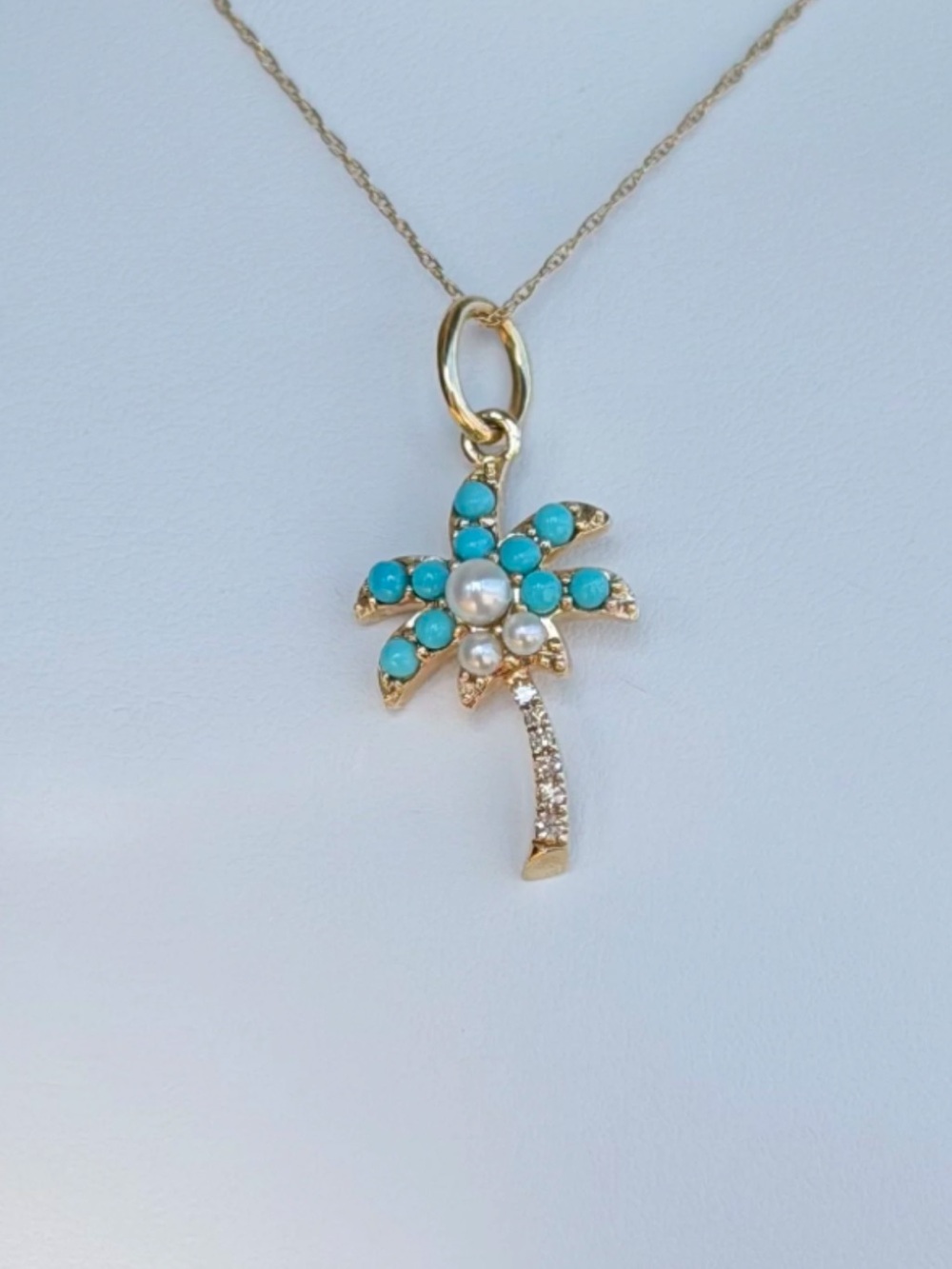 Effy Gold Necklace with Turquoise Bead Flower and Pearl Center and Diamonds 14K